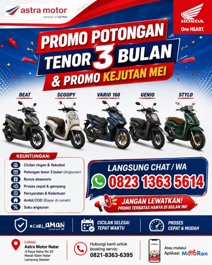 Manjakan Konsumen di Bulan Mei, Astra Motor Natar Hadirkan Promo Kejutan Potongan Tenor 3 Bulan